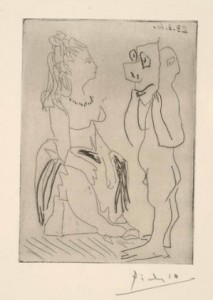 Picasso Homme debout avec masque devant femme assise